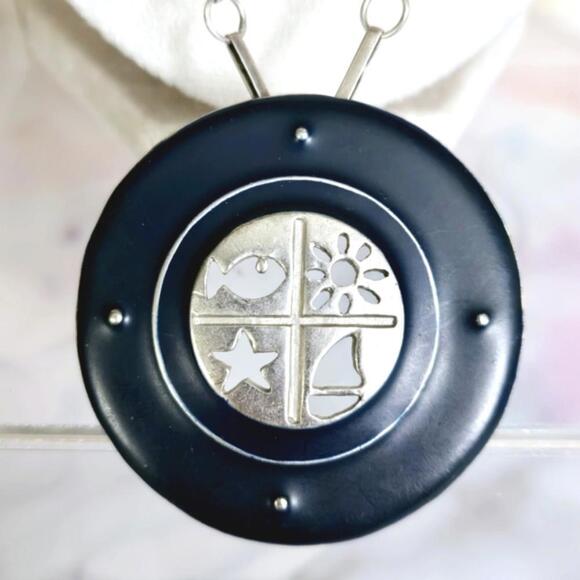 Navy Blue Circle Nautical Pendant Necklace - Picture 1 of 3